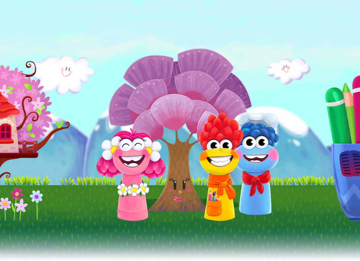 شخصیت‌های عروسکی شارمینیا در کنار درخت بنفش جادویی، در سرزمین خیالی شارمینیا